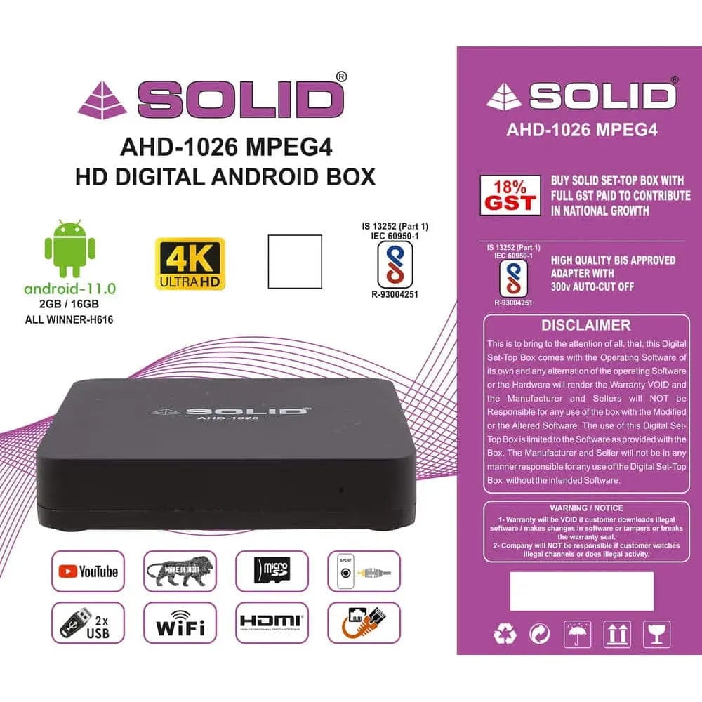 SOLID AHD-1026 4K Android Box with FREE OTT SUBSCRIPTION Garima Electronics