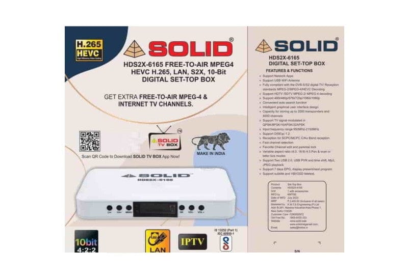 SOLID HDS2X-6165 H.265 10Bits HEVC S2X Full HD FTA Set-Top Box with SOLID TV Box App - Garima Electronics